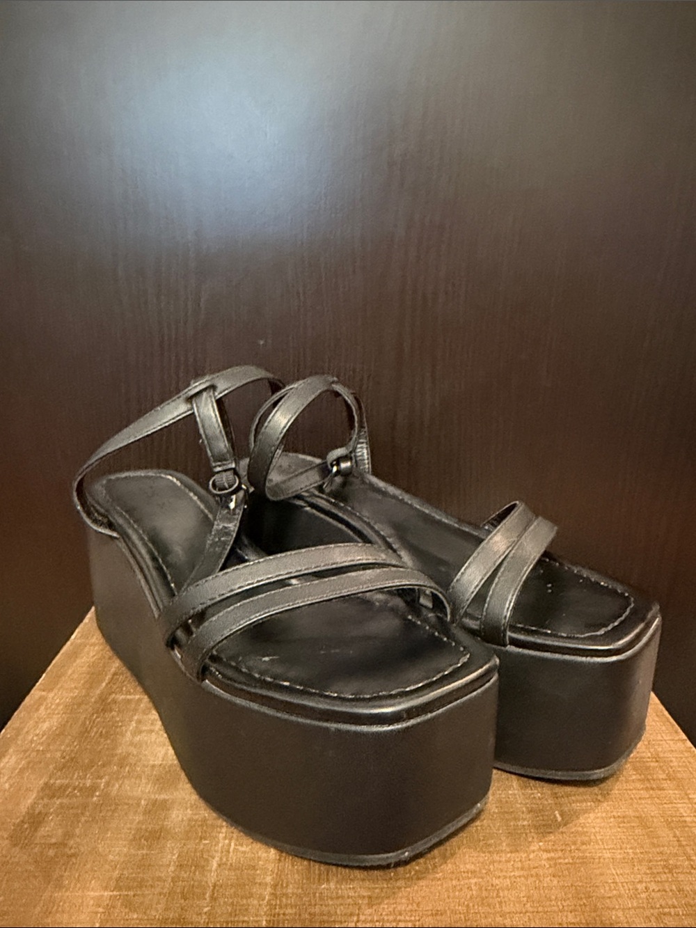 Black Platform Strappy Sandals with Ankle Tie
